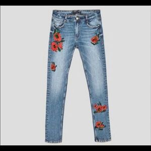 Zara Jeans W/ Red Rose Embroidery